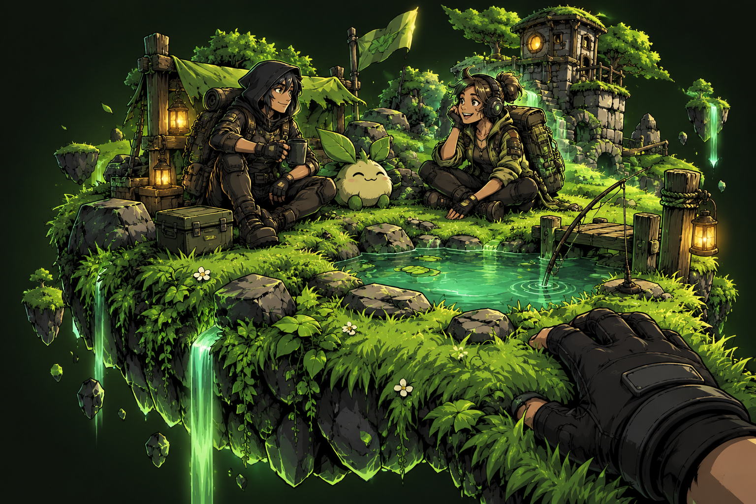 An illustrated gaming hangout in a green world, with adventurers, a friendly creature, and a fishing pond.